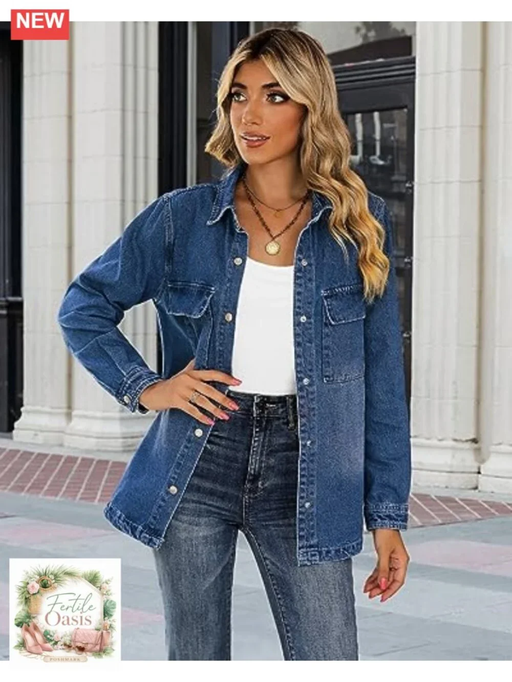 Oversized Cotton Denim Jacket Women Button Down Shacket with Pockets